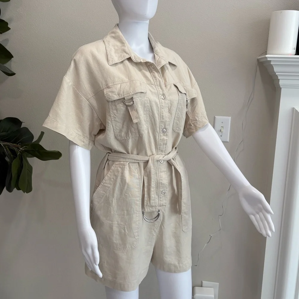 Zara Linen Blend Button Down Shirt Romper Size Large Cargo Pocket Utility Belted